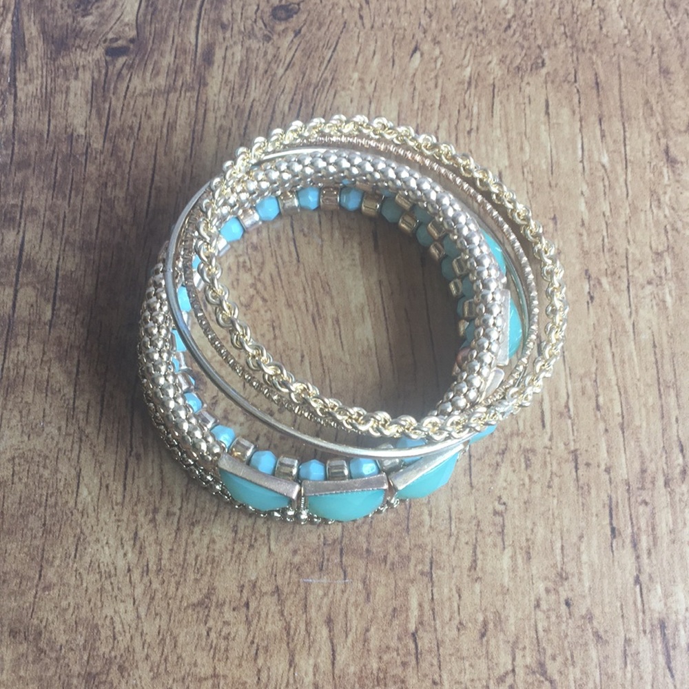 Gold and aqua bangle bracelets